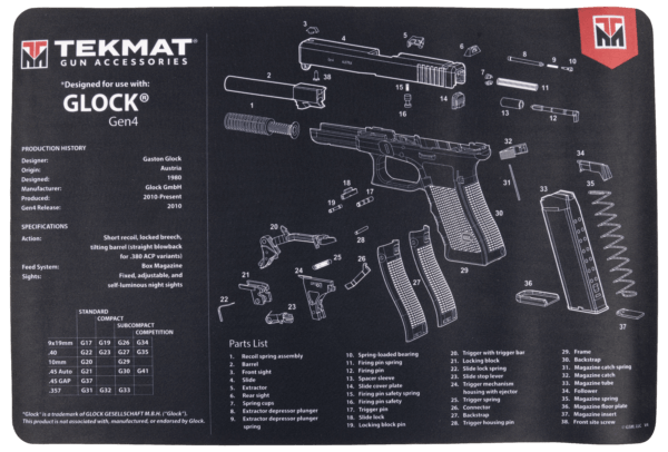 TekMat TEKR17GLOCKG4  Black/White Rubber 17″ Long 11″ x 17″ Glock Gen4 Parts Diagram Illustration
