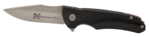 Hornady 99143   Folding Plain Satin w Laser Engraved Logo 420HC SS Blade Black GFN Handle Includes Pocket Clip