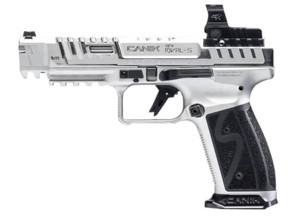 Canik HG7607CN SFx Rival-S Full Size Frame 9mm Luger 18+1  5 Stainless Steel Barrel  Chrome Optic Ready/Serrated w/Ports Steel Slide  Chrome w/Black Controls Steel Frame w/Picatinny Rail  MeCanik MO2 Red Dot  Ambidextrous”