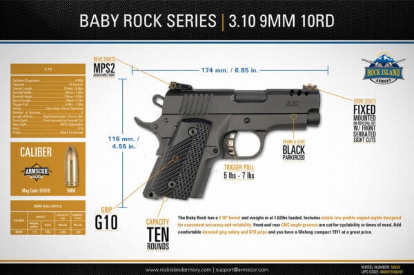Rock Island 56639 BBR Baby Rock 9mm Luger 10+1 3.10″ G10 Grips