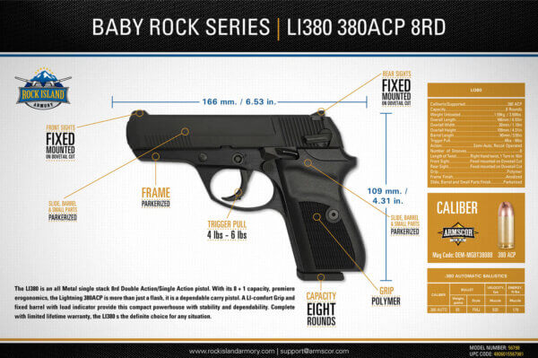 Rock Island 56798 LI380 Baby Rock 380 ACP 8+1 3.55″ Black Polymer Grips