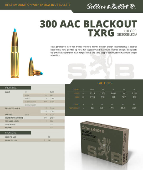 Magtech SB300BLKXA eXergy Tactical 300 Blackout 110 gr TAC-EX-Blue 20rd Box