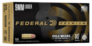 Federal GM9AP1 Gold Medal Premium 9mm Luger 147 gr Full Metal Jacket (FMJ) 50rd Box