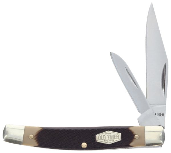 Old Timer 1179231 Middleman Jack 2.50 1.70″ Folding Clip/Sheepsfoot Plain Stainless Steel Blade Black/Tan Sawcut Bone Handle”