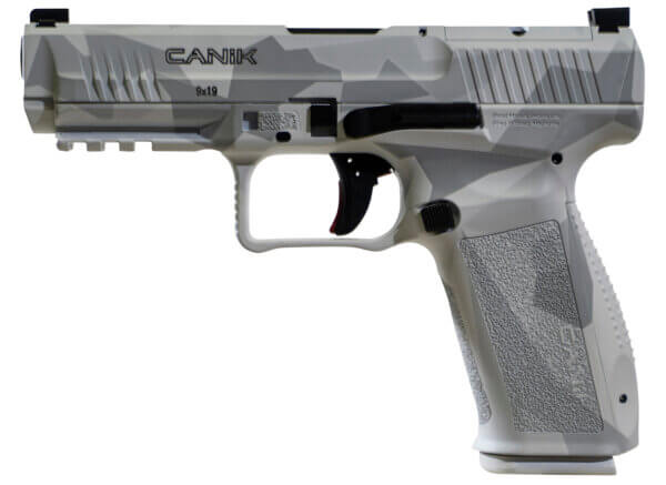 Canik HG5636AWSN Mete SFT 9mm Luger 18+1/20+1 4.46″ Black Match Grade Barrel Arctic Splinter Optic Ready/Serrated Steel Slide Polymer Frame w/Picatinny Rail Frame & Polymer Grips Right Hand