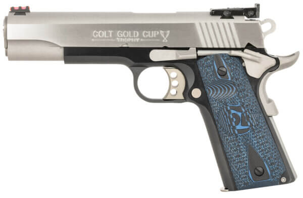 Colt Mfg O5970GCLTT Gold Cup Lite 45 ACP 8+1 5 Stainless National Match Barrel  Brushed Stainless Serrated Slide  Black/Stainless Stainless Steel Frame w/Beavertail  Blue Scalloped Checkered G10 Grip”