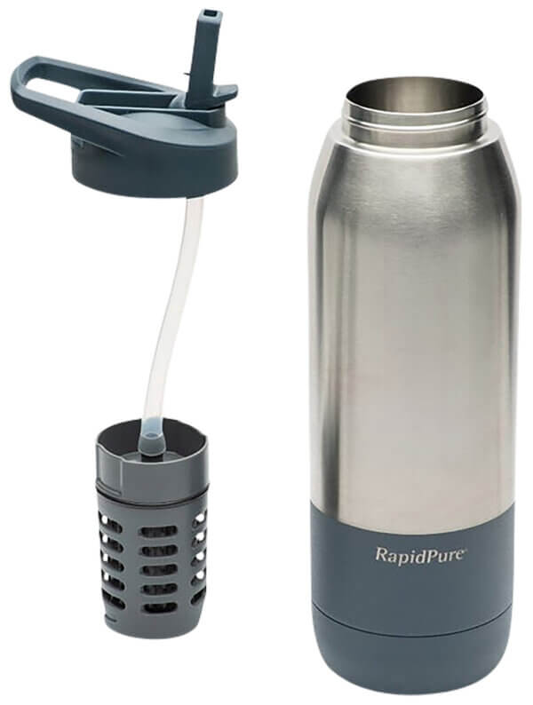 RapidPure 01600124 RapidPure Purifier+ For Most 2.5″ Water Bottles Silver Stainless Steel 3.5″ x 3.5″ x 11.1″ Includes Ultralight Straw