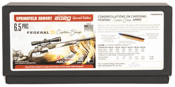 Federal FCS65PRCTA1SC Custom Rifle Ammo Custom Shop 6.5 PRC 130 gr Terminal Ascent 20 Per Box