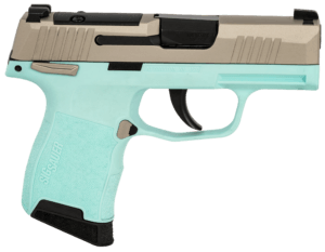 Sig Sauer 365380REBMS P365  Micro-Compact 380 ACP 10+1 3.10″ Matte Nickel Optic Ready/Serrated Slide  Robin’s Egg Blue w/Nickel Color Controls Stainless Steel Frame w/Sig Rail  Robin’s Egg Blue Grip Module Grips Right Hand