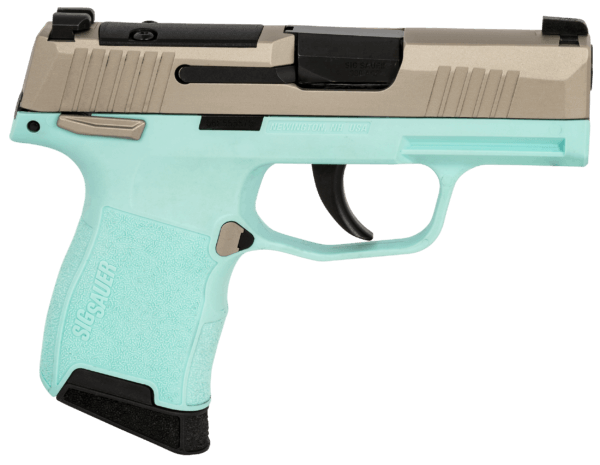 Sig Sauer 365380REBMS P365  Micro-Compact 380 ACP 10+1 3.10″ Matte Nickel Optic Ready/Serrated Slide  Robin’s Egg Blue w/Nickel Color Controls Stainless Steel Frame w/Sig Rail  Robin’s Egg Blue Grip Module Grips Right Hand