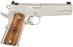 SDS Imports 10100514 1911 Republic Of Texas Full Size 45 ACP 8+1 5 Stainless Stainless Steel Barrel  Stainless Serrated w/Floral Engraving Slide  Stainless Steel Frame w/LPI Checkering & Beavertail  Grade 3 Walnut w/Engraved Texas Seal Grips”