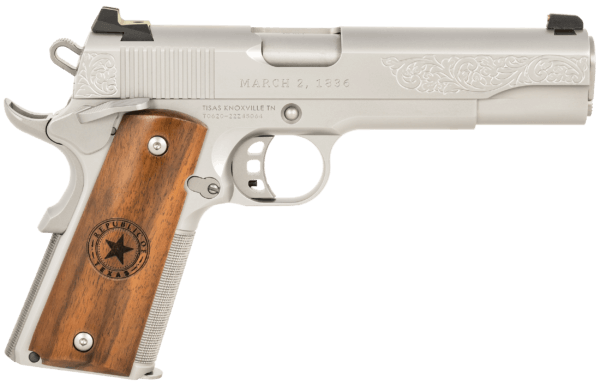 SDS Imports 10100514 1911 Republic Of Texas Full Size 45 ACP 8+1 5 Stainless Stainless Steel Barrel  Stainless Serrated w/Floral Engraving Slide  Stainless Steel Frame w/LPI Checkering & Beavertail  Grade 3 Walnut w/Engraved Texas Seal Grips”