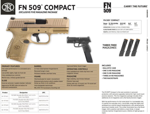 FN 66-101641 509 Compact Bundle Compact 24+1 3.70″ Black Recessed Crown Barrel. Black Serrated Slide Polymer Frame w/Picatinny Rail Black Textured Interchangeable Backstraps Grips Ambidextrous