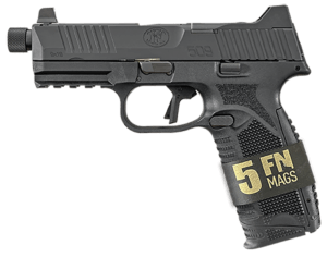 FN 66101649 509 Tactical Bundle 9mm Luger 24+1  4.50″ Black Steel Threaded Barrel  Black Optic Ready/Serrated SS Slide & Frame w/Picatinny Rail  Ambidextrous  5 Magazines