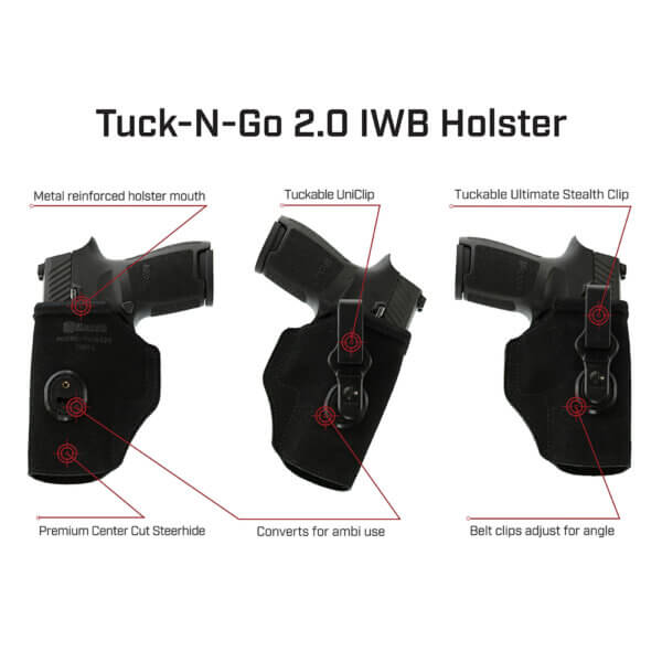 Galco TUC854B Tuck-N-Go 2.0 IWB Black Leather UniClip/Stealth Clip Fits HK VP9 Ambidextrous