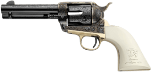 Cimarron PP346HUCKENG Huckleberry 45 Colt (LC) 6 Shot 3.50″ Nickel Engraved Barrel Cylinder & Frame White w/”Huckleberry” Engraved On The Backstrap Grip