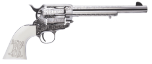 Cimarron PP410LNTXR Frontier Texas Ranger 45 Colt (LC) 6rd 4.75″ Engraved Nickel-Plated Steel Barrel Cylinder & Frame Engraved “One Riot One Ranger” Ejector Rod White Polymer Grip