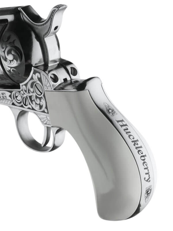 Cimarron PP346HUCKENG Huckleberry 45 Colt (LC) 6 Shot 3.50″ Nickel Engraved Barrel Cylinder & Frame White w/”Huckleberry” Engraved On The Backstrap Grip