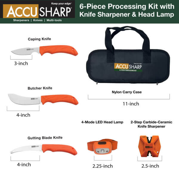 AccuSharp 738C Processing Kit Fixed Butcher/Caping/Gutting Plain Stainless Steel Blades/Blaze Orange Non-Slip Grip 6 Piece Includes Nylon Case