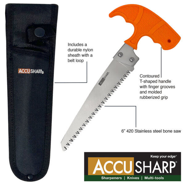 AccuSharp 730C Bone Saw Fixed Saw 6″ Stainless Steel Blade/ Blaze Orange T-Shaped Handle