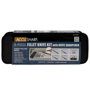 AccuSharp 737C Knife Kit 4.75/5.50/6.50/8″ Fixed Fillet Plain Satin Stainless Steel Blade/ Blue Non-Slip Grip TPR Handle Includes 2-Step Sharpener