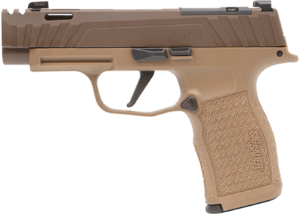 Sig Sauer P365V005 P365XL Spectre Comp Full Size 9mm Luger 12+1/17+1 3.10″ Black Nitride Carbon Steel Barrel  Coyote Cerakote Integrally Compensated/Optic Ready/Serrated Slide  Coyote Tan Stainless Steel Frame w/Picatinny Rail Coyote LXG Module Grips