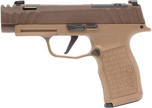 Sig Sauer P365V005 P365XL Spectre Comp Full Size 9mm Luger 12+1/17+1 3.10″ Black Nitride Carbon Steel Barrel  Coyote Cerakote Integrally Compensated/Optic Ready/Serrated Slide  Coyote Tan Stainless Steel Frame w/Picatinny Rail Coyote LXG Module Grips