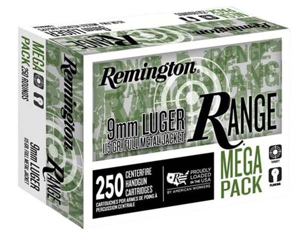 Remington Ammunition R23965 Range Mega Pack 9mm Luger 115 gr Full Metal Jacket (FMJ) 250rd Box