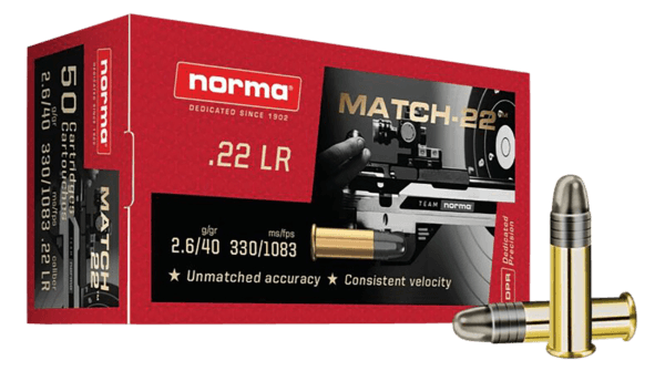 Norma Ammunition 2425076 Dedicated Precision Match 22 LR 40 gr Lead Round Nose (LRN) 50rd Box