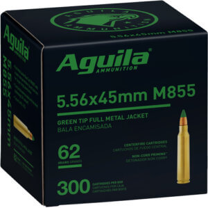 Aguila 1E556125 Green Tip M855 5.56x45mm NATO 62 gr Full Metal Jacket Boat-Tail (FMJBT) 300rd Box