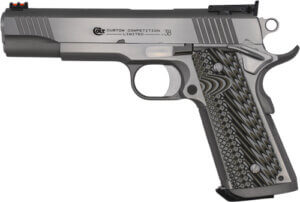 Colt Mfg O1073CS 1911 Custom Competition 38 Super Caliber with 5″ National Match Barrel 9+1 Capacity Overall Brushed Stainless Steel Finish Serrated Slide Black G10 Grip & 70 Series Firing System
