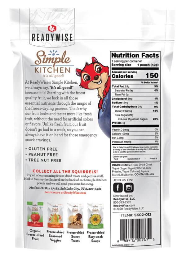 ReadyWise SK05912 Simple Kitchen Freeze Dried Fruit Blueberries & Yogurt 1 Serving Pouch 6 Per Case