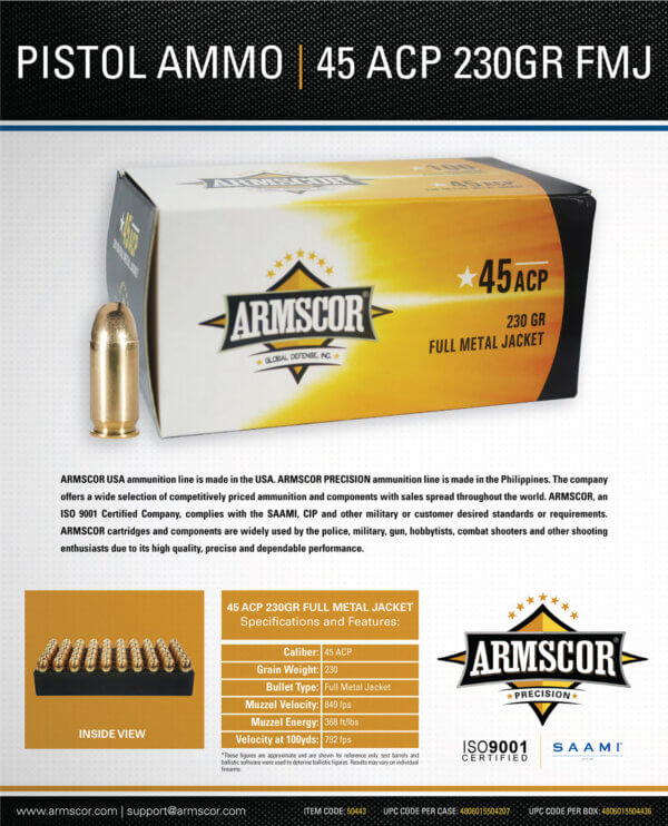Armscor 50443 Precision Value Pack 45 ACP 230 gr Full Metal Jacket 100rd Box