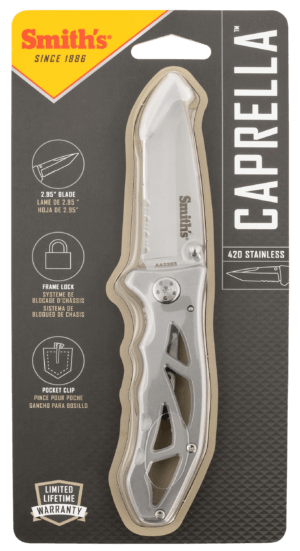 Smiths Products 51009 Caprella 2.95″ Folding Drop Point Part Serrated Bead Blasted 400 SS Blade/Silver Skeletonized Stainless Steel Handle Includes Pocket Clip