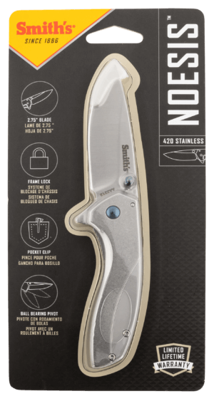 Smiths Products 51245 Noesis 2.75″ Folding Drop Point Plain Satin 400 SS Blade/Bead Blasted Stainless Steel Handle Includes Pocket Clip