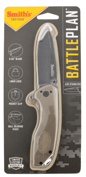 Smiths Products 50995 BattlePlan 3.35″ Folding Drop Point Plain Black Stonewashed 400 SS Blade/ Desert Tan G10 Handle Includes Pocket Clip