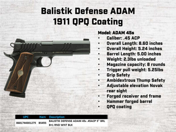 Gforce Arms BS45S Balistik Defense Adam 1911 Full Size 45 ACP 8+1 5″ Black Steel Barrel Black Slide & Steel Frame w/Beavertail Walnut Grips
