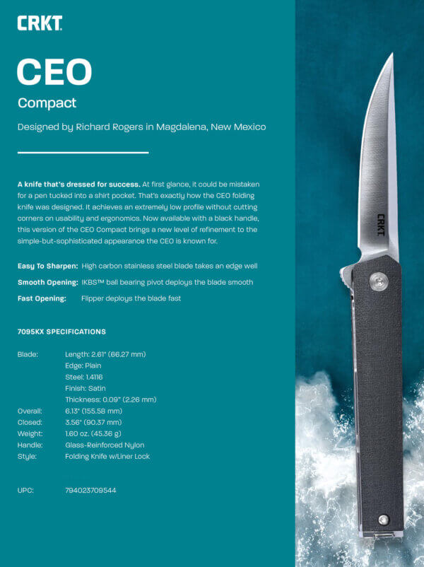 CRKT 7095KX CEO Compact 2.61″ Folding Plain Satin 4116 SS Blade/Black GRN Handle Includes Pocket Clip
