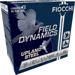 Fiocchi 12HVST4 Field Dynamics Upland Steel 12 Gauge 2.75″ 1 1/8 oz 4 Shot 25rd Box
