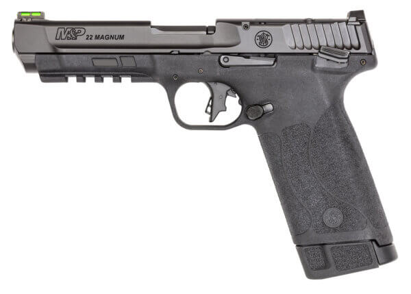 Smith & Wesson 13433 M&P 22  Full Size Frame 22 WMR 30+1  4.35″ Black Armornite Stainless Steel w/Tempo System Barrel  Black Armornite Optic Ready/Serrated Slide  Black Polymer Frame w/Picatinny Rail Frame  Black Textured Grip  Ambidextrous Thumb Safety