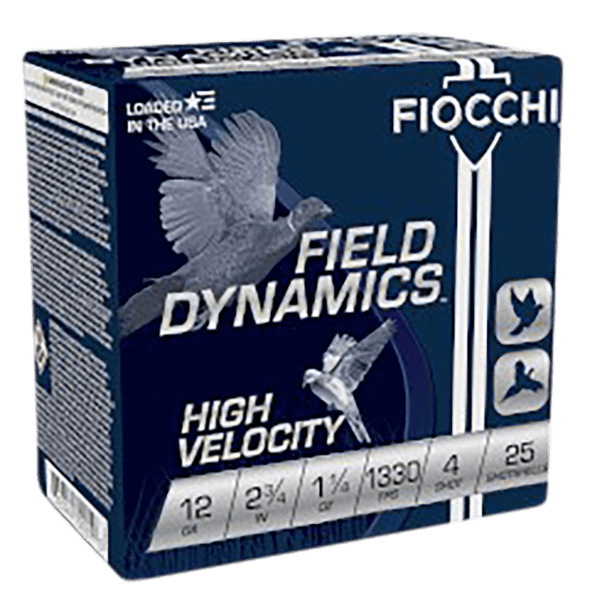 Fiocchi 12HV4 Field Dynamics High Velocity 12 Gauge 2.75″ 1 1/4 oz 1330 fps 4 Shot 25rd Box