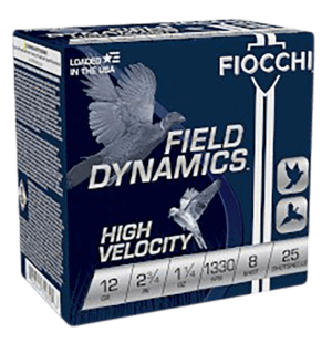 Fiocchi 12HV8 Field Dynamics High Velocity 12 Gauge 2.75″ 1 1/4 oz 1330 fps 8 Shot 25rd Box
