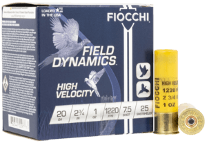 Fiocchi 20HV6 Field Dynamics High Velocity 20 Gauge 2.75″ 1 oz 1220 fps 6 Shot 25rd Box