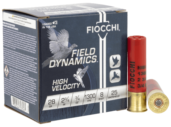 Fiocchi 28HV8 Field Dynamics High Velocity 28 Gauge 2.75″ 3/4 oz 1300 fps 8 Shot 25rd Box