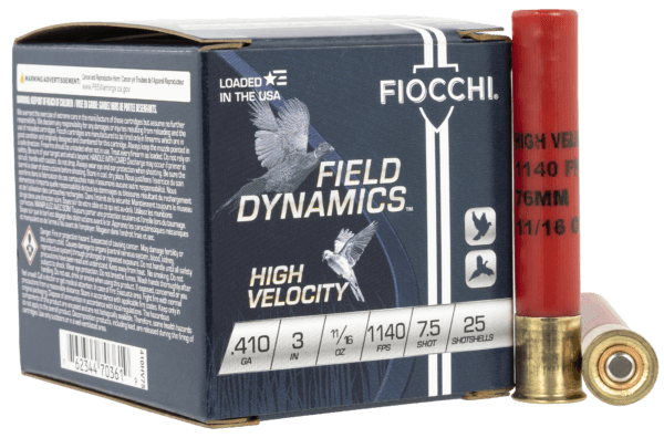 Fiocchi 410HV75 Field Dynamics High Velocity 410 Gauge 3″ 11/16 oz 1140 fps 7.5 Shot 25rd Box