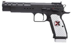 Tanfoglio IFG TF-DOMX-9 Domina Xtreme 9mm Luger Caliber with 5.20″ Barrel Overall Black Finish Beavertail Frame Steel Slide & Red Polymer Grip