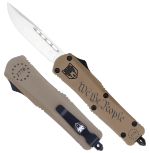 CobraTec Knives SWTPFS3DNS FS-3 We The People Small Aluminum Cerakoted OTF Drop Point Plain D2 Steel Blade Tan “We The People” Aluminum Handle Includes Glass Breaker/Pocket Clip