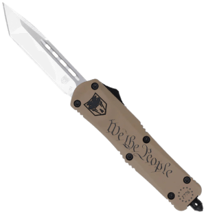 CobraTec Knives SWTPFS3DNS FS-3 We The People Small Aluminum Cerakoted OTF Drop Point Plain D2 Steel Blade Tan “We The People” Aluminum Handle Includes Glass Breaker/Pocket Clip