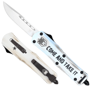 CobraTec Knives SCATIFS3DNS FS-3 Come And Take It Small 3″ OTF Drop Point Plain D2 Steel Blade 4.50″ White “Come And Take It” Aluminum Cerakoted Handle Includes Glass Breaker/Pocket Clip
