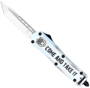 CobraTec Knives SCATIFS3TNS FS-3 Come And Take It Small 3″ OTF Tanto Plain D2 Steel Blade 4.50″ White “Come And Take It” Aluminum Cerakoted Handle Includes Glass Breaker/Pocket Clip
